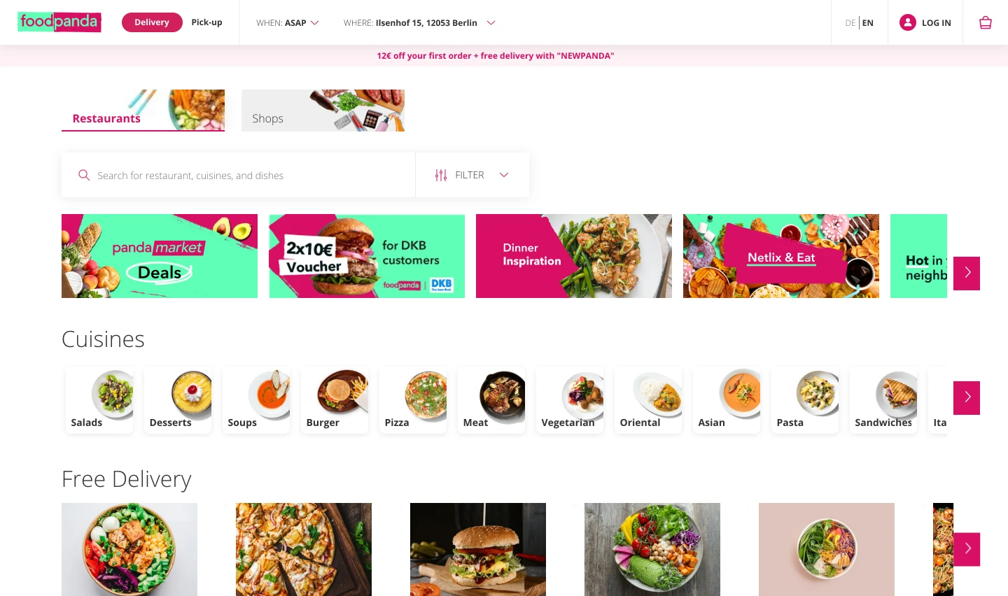 The redesigned foodpanda web navbar, with delivery/pickup, a when field and a where field all in the top bar