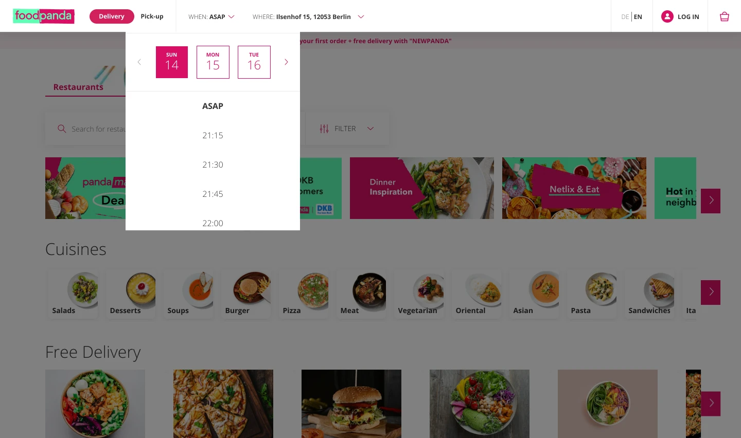 The when field expanded, showing a day picker and a list of delivery time slots