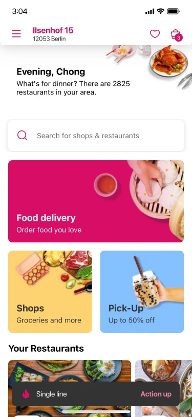 The Foodpanda home screen, with search and entry points for food delivery, shops and pick-up