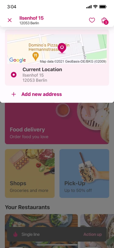 Choosing a delivery address on a map, with the option to add a new one