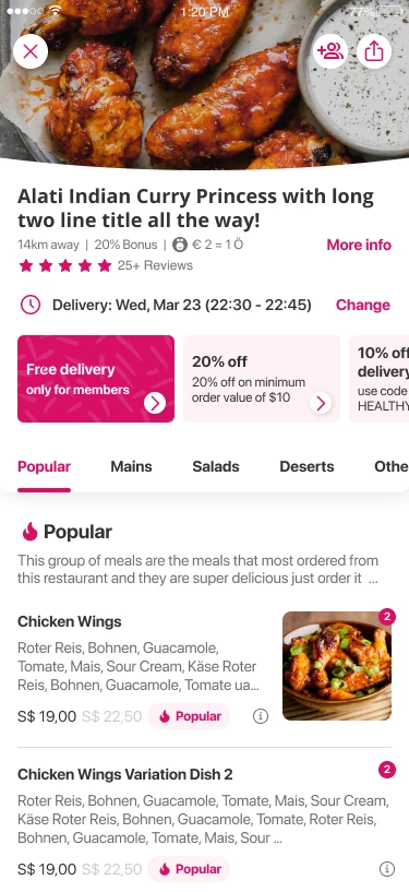 A restaurant page showing the menu and the current scheduled delivery time
