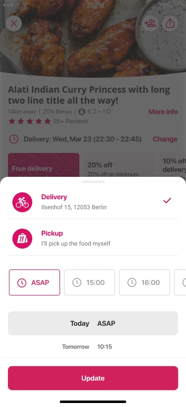 The delivery time picker, with delivery or pickup and a choice of ASAP or scheduled time slots