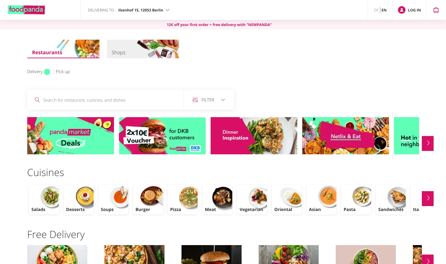 The foodpanda web navbar before the redesign, with only a delivery address and a separate delivery/pickup toggle lower on the page