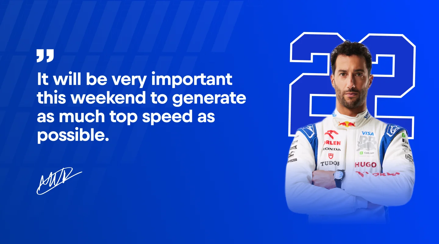 A driver quote component on the VCARB site, in the team's blue livery